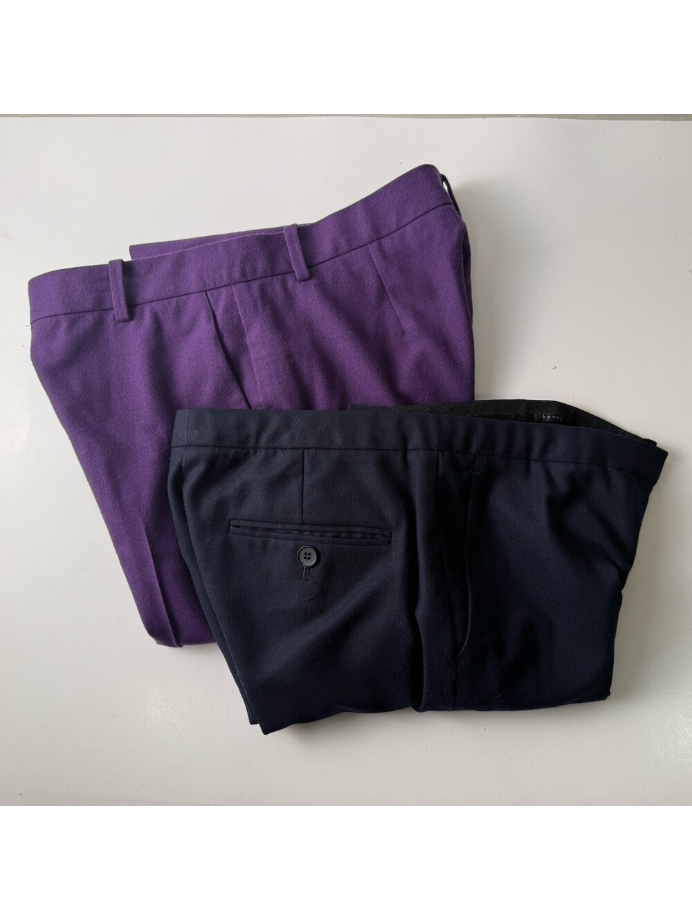 (2) THEORY Women's Wool Blend Japan Pleated Tailored Trousers Purple & Blue S-0